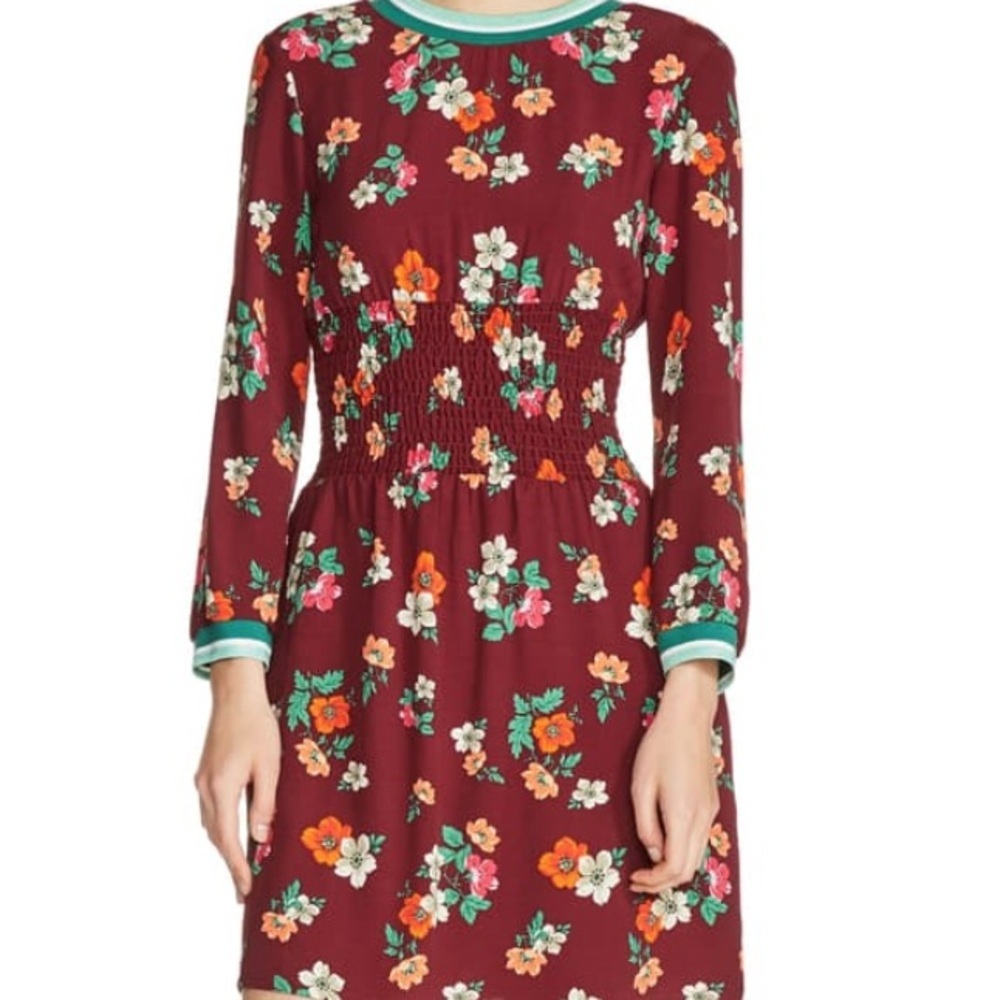 NWT Maje Floral Smocked Waist Long-Sleeve Dress in Burgundy
